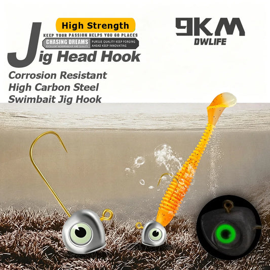 Swimbait Hook 10pcs Jig Head Hook with Luminous 3D Eyes Gold Soft Worm Hook