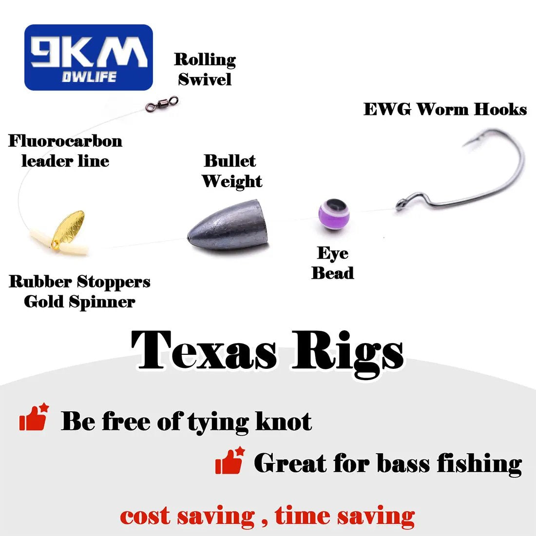 9KM Texas Rig Hooks for Bass Fishing EWG Worm Hooks with Fishing Bullet Weights Sinkers for Freshwater Saltwater Swivel Kit 5Pcs