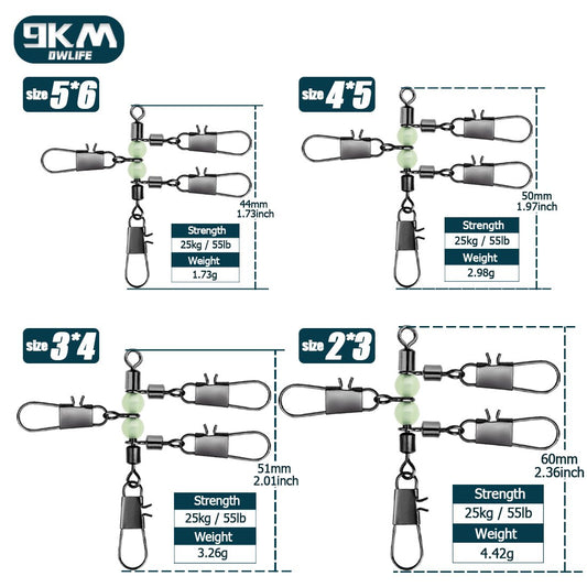 9KM 10Pcs~40Pcs 3 Way Swivels T Shape Squid Swivel with Glow Beads for Surf Fishing, Preventing Twists and Tangles